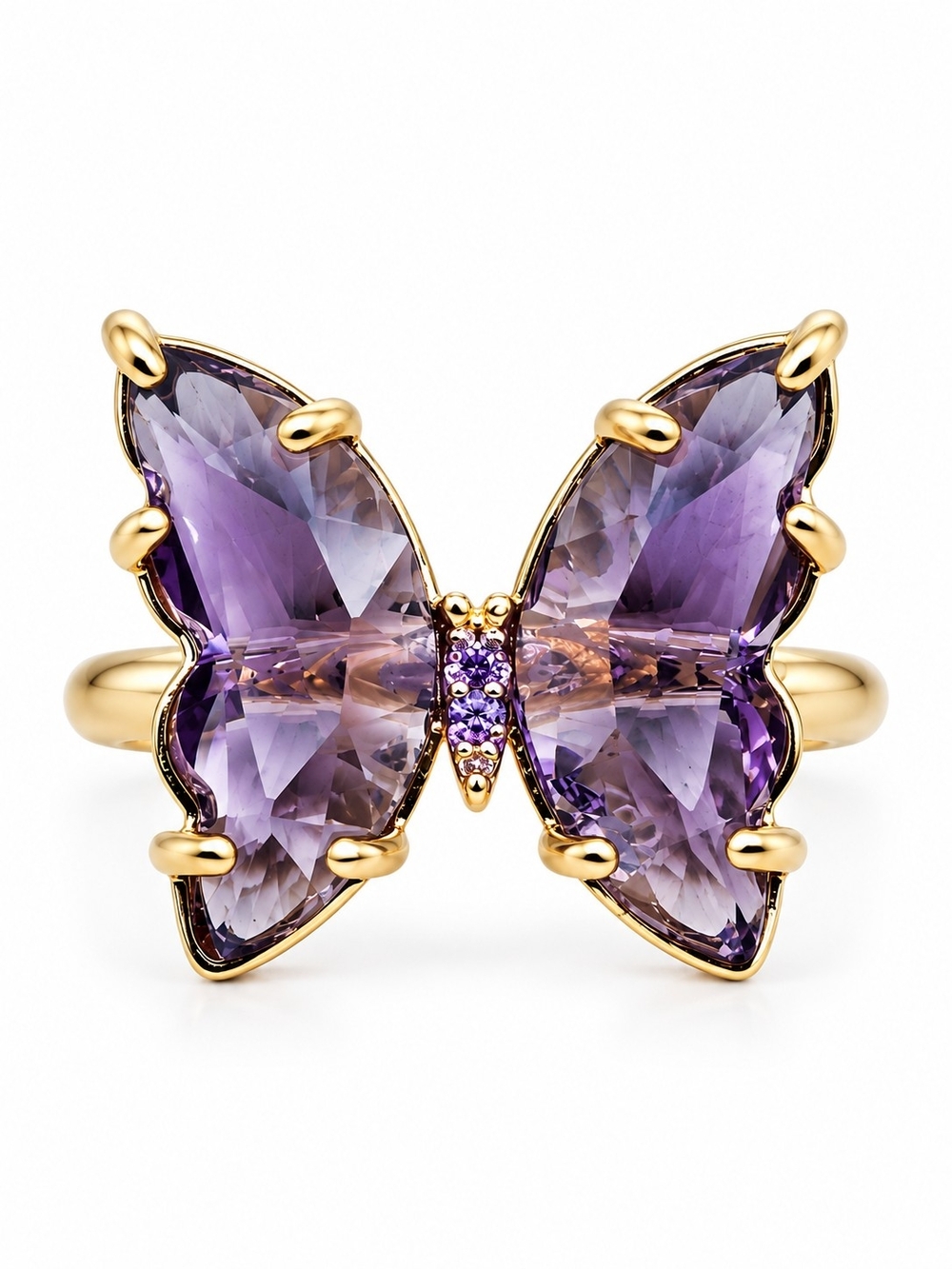 Purple Crystal Butterfly Statement Ring Gold Tone NWOT